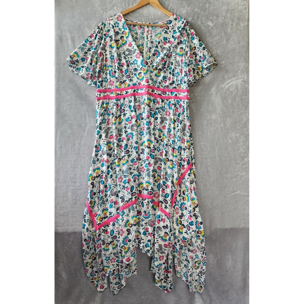 Boden Dress Womens Size 16 Bright Floral Handkerchief Hem Empire Waist 16R
